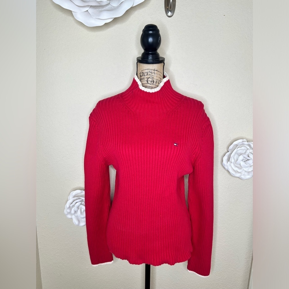 Vintage Tommy Hilfiger Knit Red & Creamy White Turtleneck Sweater Sz Large